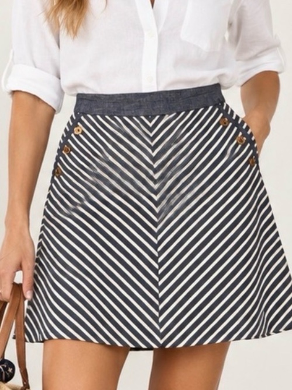 Jones New York Navy & White Nautical Preppy Chevron Chambray A-Line Skirt Size 8